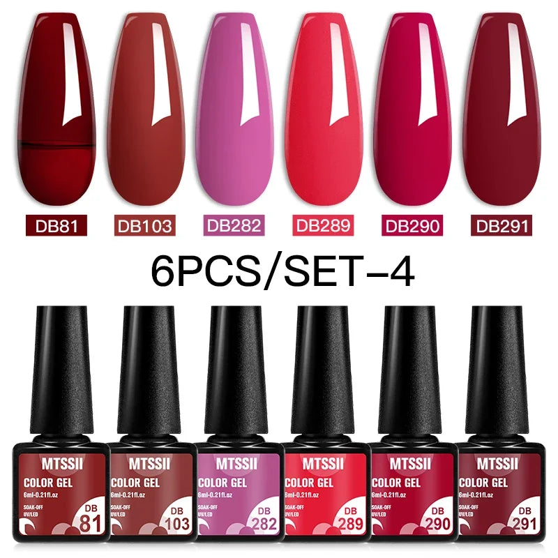 MTSSII 6PCS/Set Sparkly Red Roes Red Gel Nail Polish Shinning Nail Art LED UV Gel Varnish Nail Supplies Manicure Kit for Nails