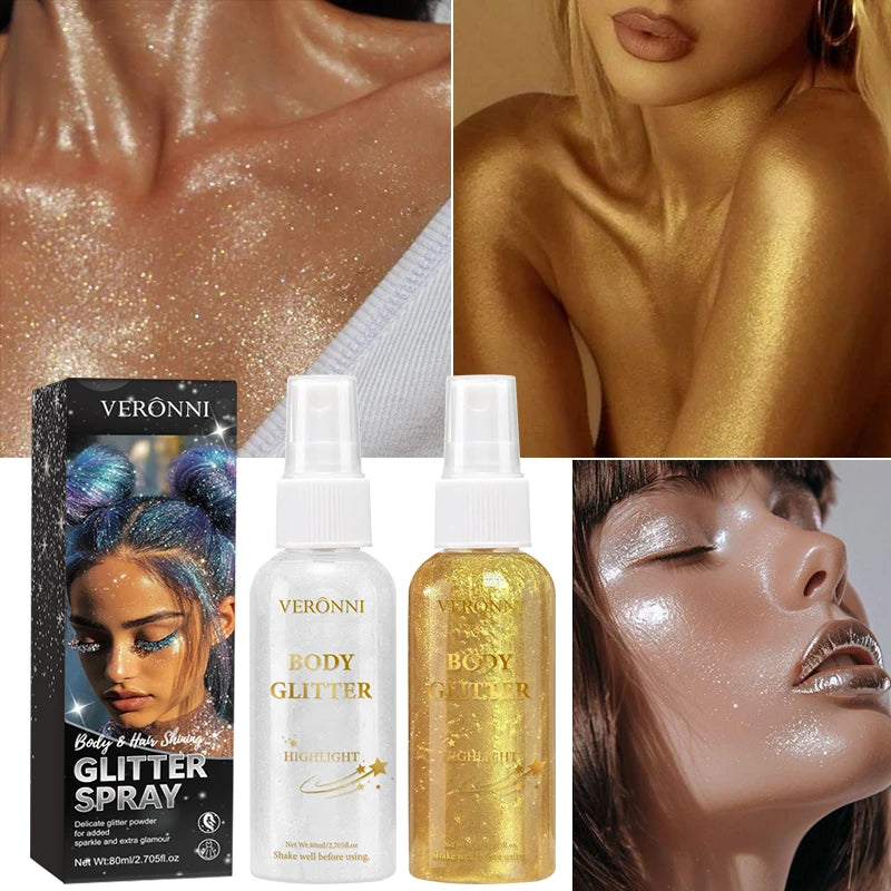 Liquid highlighter spray, high shine glitter spray, holographic highlighter spray, long lasting body halloween party makeup