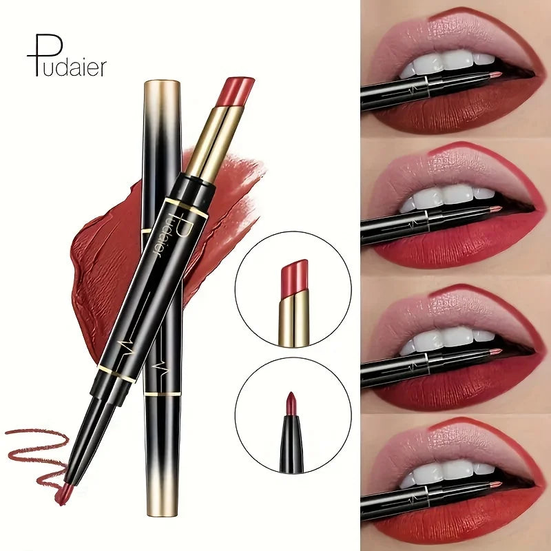 2 in 1 Lipstick and Lip Liner Pen, Matte Waterproof Long Lasting Lip Makeup Tool, Non-Fading Smooth Velvet Finish
