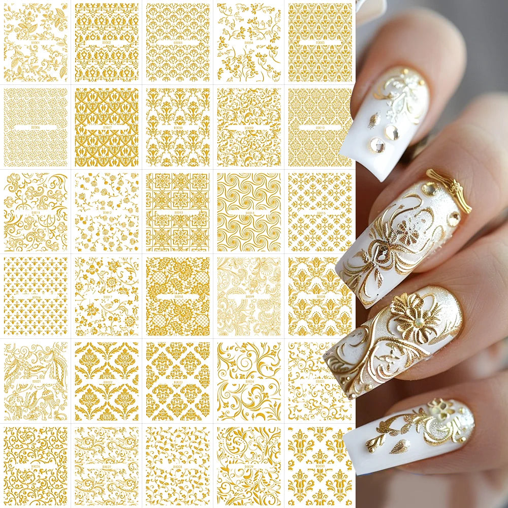 30 Sheets Gold Metallic Flowers Vine Nail Art Decals 3D Lace Flower Nail Sticker Self-Adhesive Nail Art Decoration 5.5*6.5cm