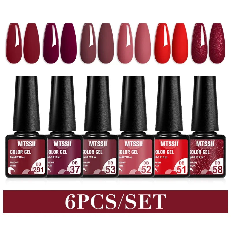 MTSSII 6PCS/Set Sparkly Red Roes Red Gel Nail Polish Shinning Nail Art LED UV Gel Varnish Nail Supplies Manicure Kit for Nails