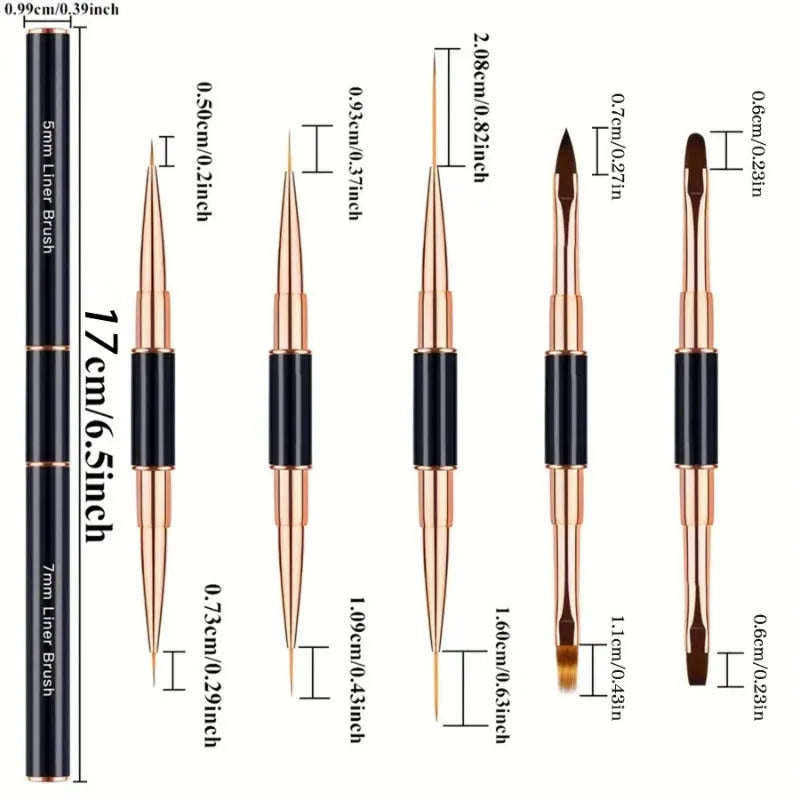 Nail Art Brush Set 5pcs Double-Ended Nail Art Brushes For Long Lines, Thin Liner Brush For Nails Detail Professional nail tools