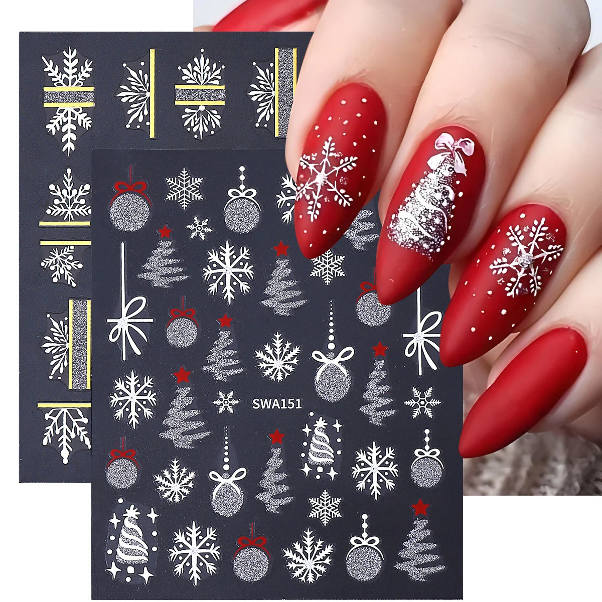 2pcs Sparkle Silver Winter Nail Sticker Geometry Snowflakes Xmas Tree Decorative Balls Adhesive Sliders Christmas Manicure Decal