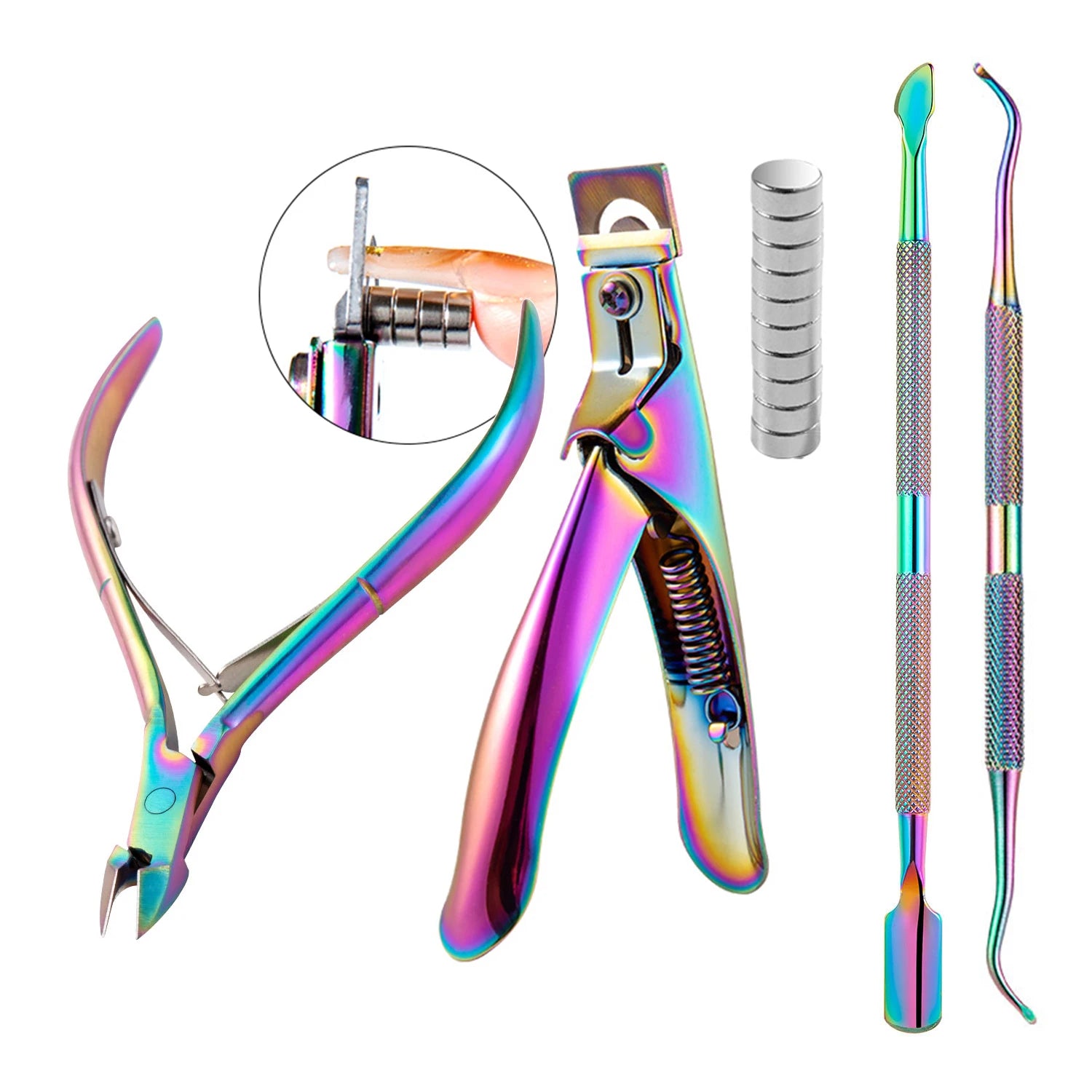 5pcs Nail Care Set with Magnets Cuticle Trimmer Straight Nail Clipper Metal Pushers Dead Skin Gel Nail Remover Manicure Tools