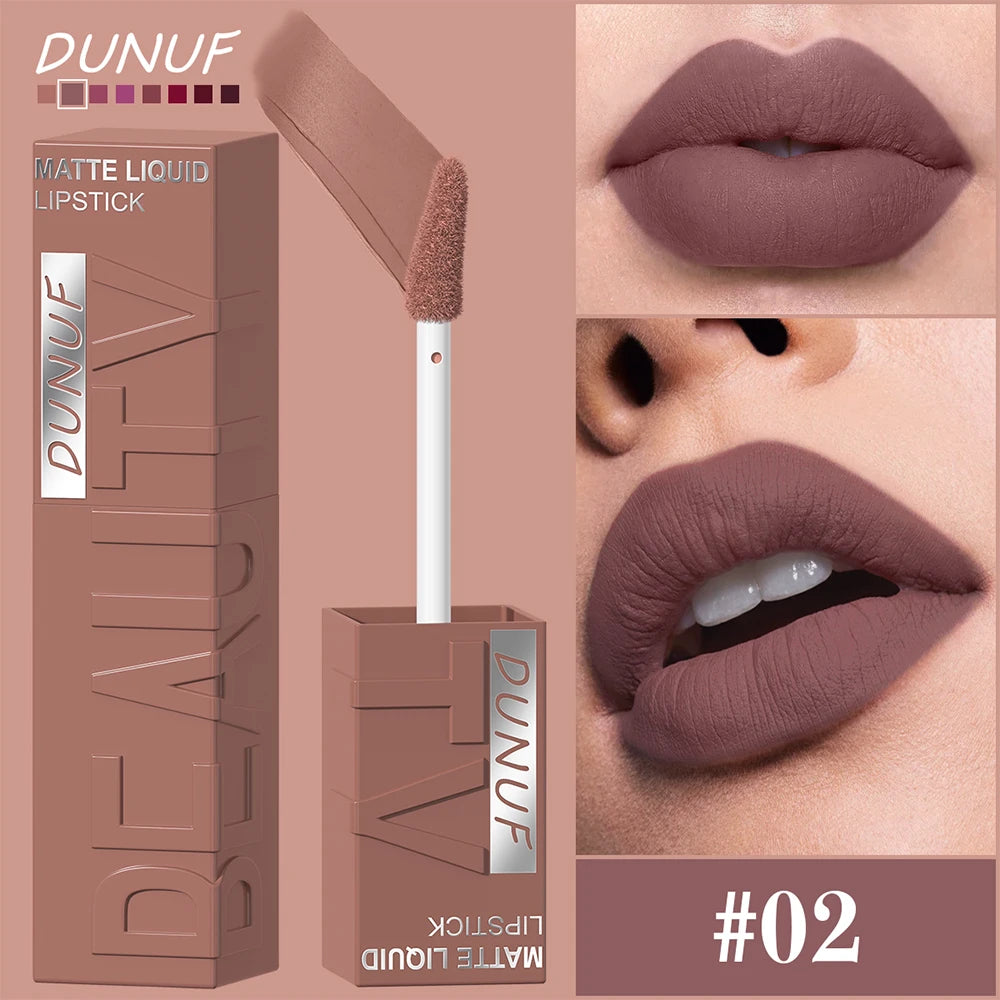 DUNUF 8-color matte velvet smooth easy-to-apply square tube lip gloss waterproof three-dimensional plumping lipstick