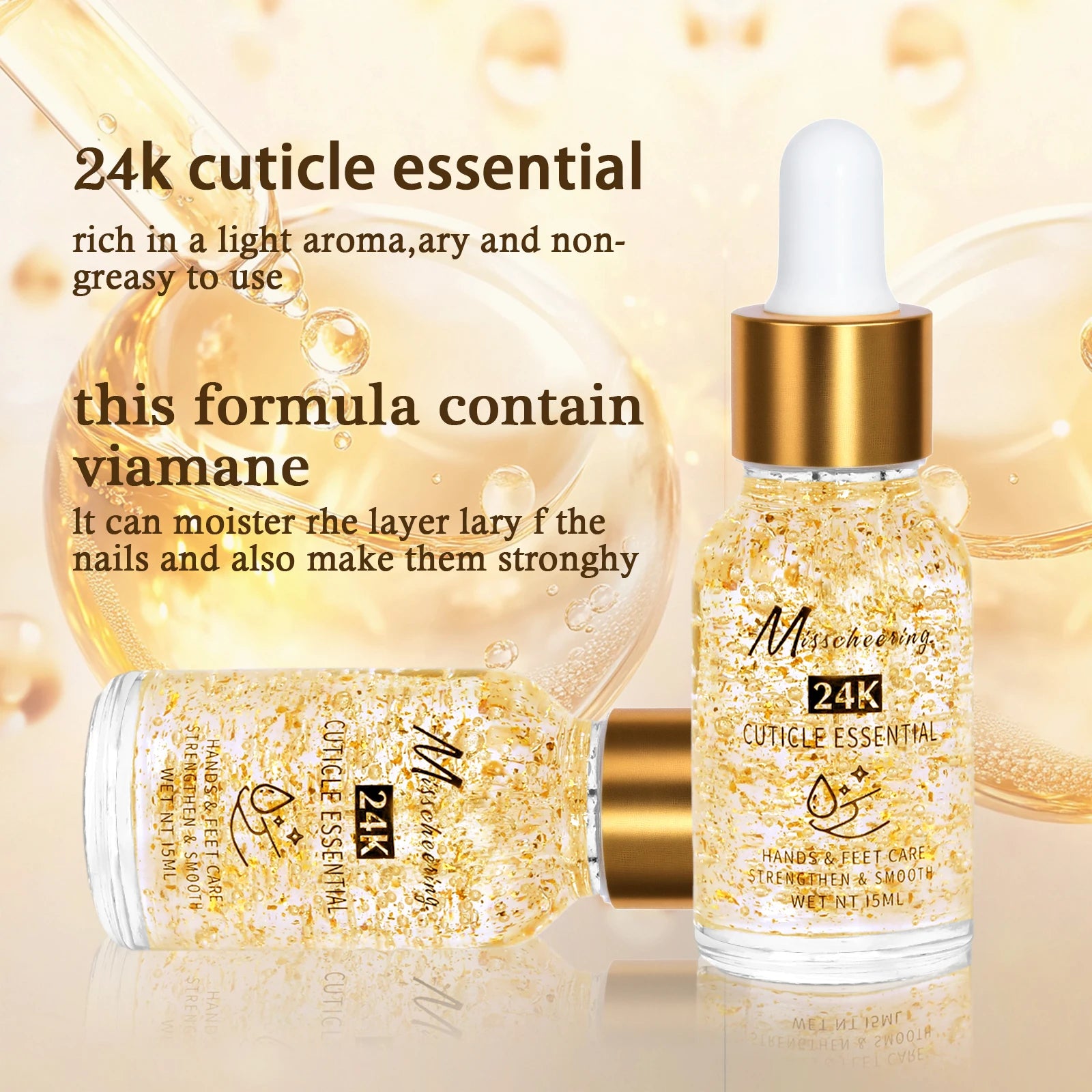 15ML Nail Cuticle Nutrient Oil 24k Gold Foil Cuticle Essence Nail Care Nutrition Oil Treatment Strengthen Bright for Nails&Foot