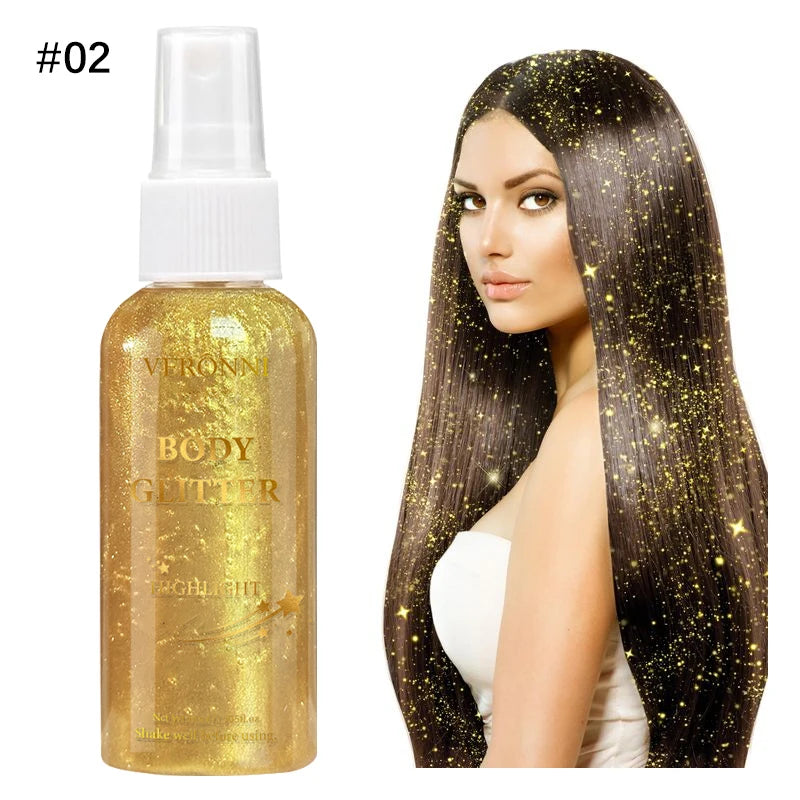 Liquid highlighter spray, high shine glitter spray, holographic highlighter spray, long lasting body halloween party makeup