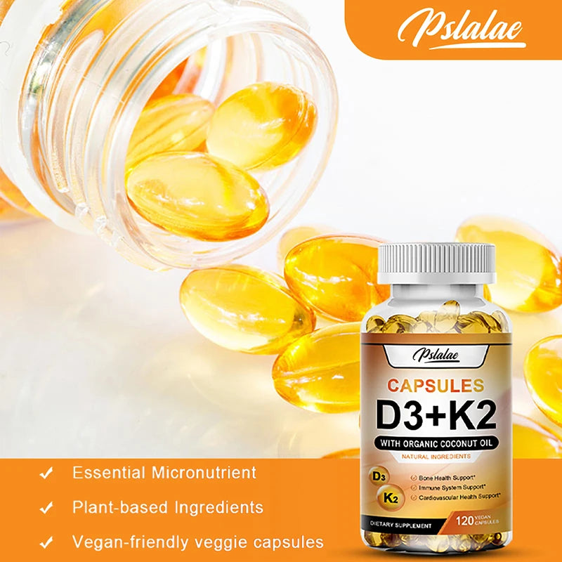 Vitamin D3 + K2 - Help Regulate Calcium Metabolism, Promote Bone, Teeth and Skin Health, Support Immunity - 120 Capsules