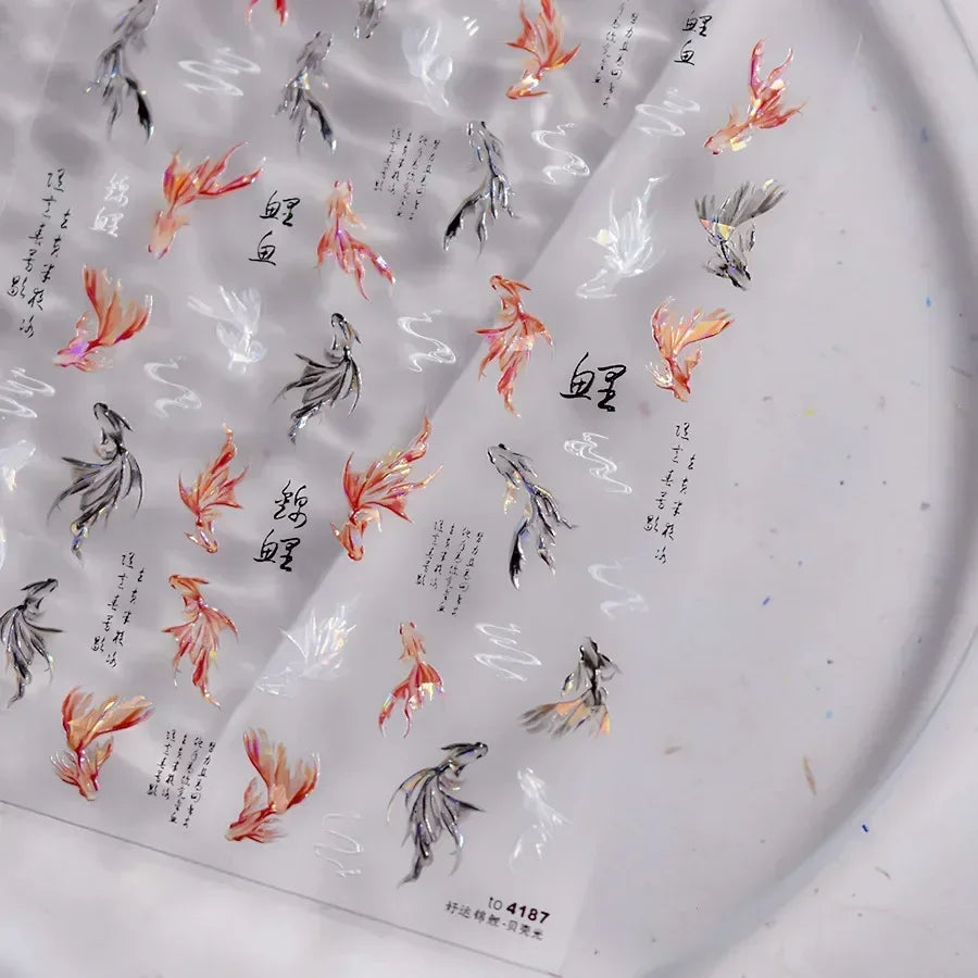 Goldfish Cavort Water Grass Lotus Flower Leaf Brocaded Carp Koi Ripple Droplet Water Bubbles 5D Nail Art Stickers Manicure Decal