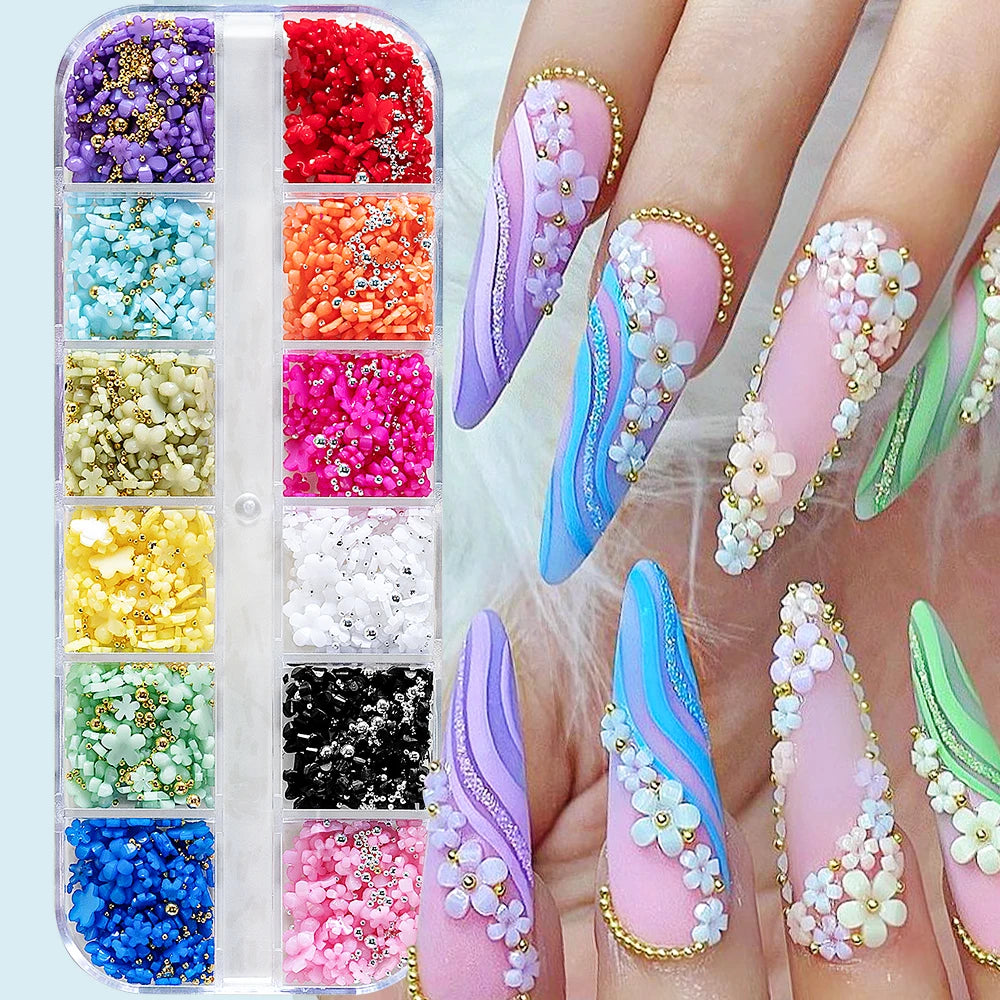 12Grids/Box Five-Petal Flower/Steel Beads Nail Art Charms Mixed-Size Flowers Gold/Silver Ball Rhinestones DIY Manicure Diamonds