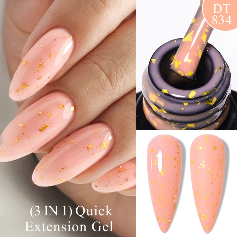 MEET ACROSS 7ml Gold Foil 3 In 1Quick Extension Gel Nail Polish Nude Pink Gold Milky White Glitter UV Gel Finger Prolong Varnish
