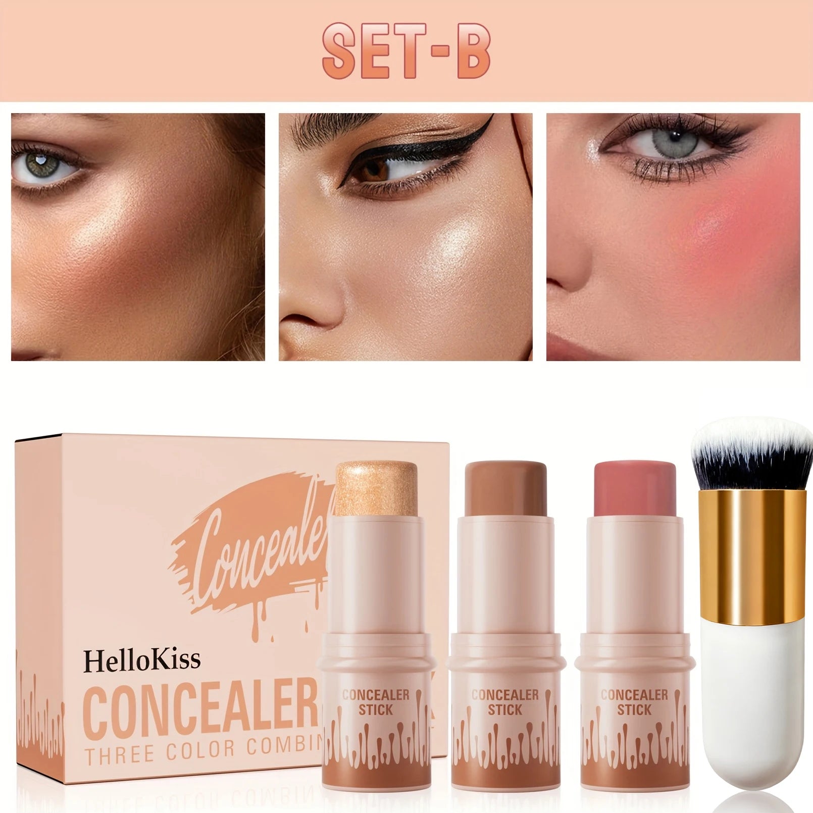 3pcs Concealer Sticks Set with Brush, Highlighter & Bronzer & Blush Sticks Brighten The Face, Waterproof Suitable for Christmas