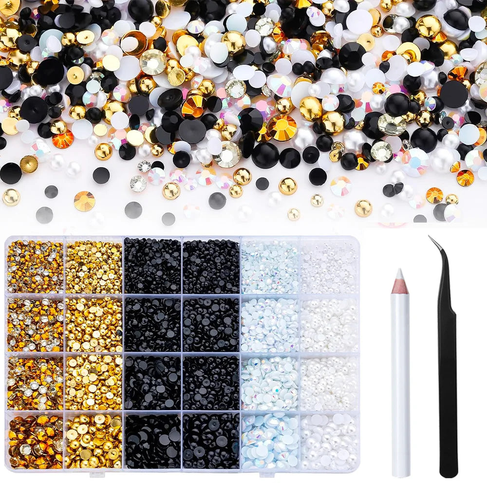 12000PCS Green Flat Back Pearl Rhinestones, Resin Rhinestones for Crafts, Shoes, Nails, Face Art with Tweezer Crayon