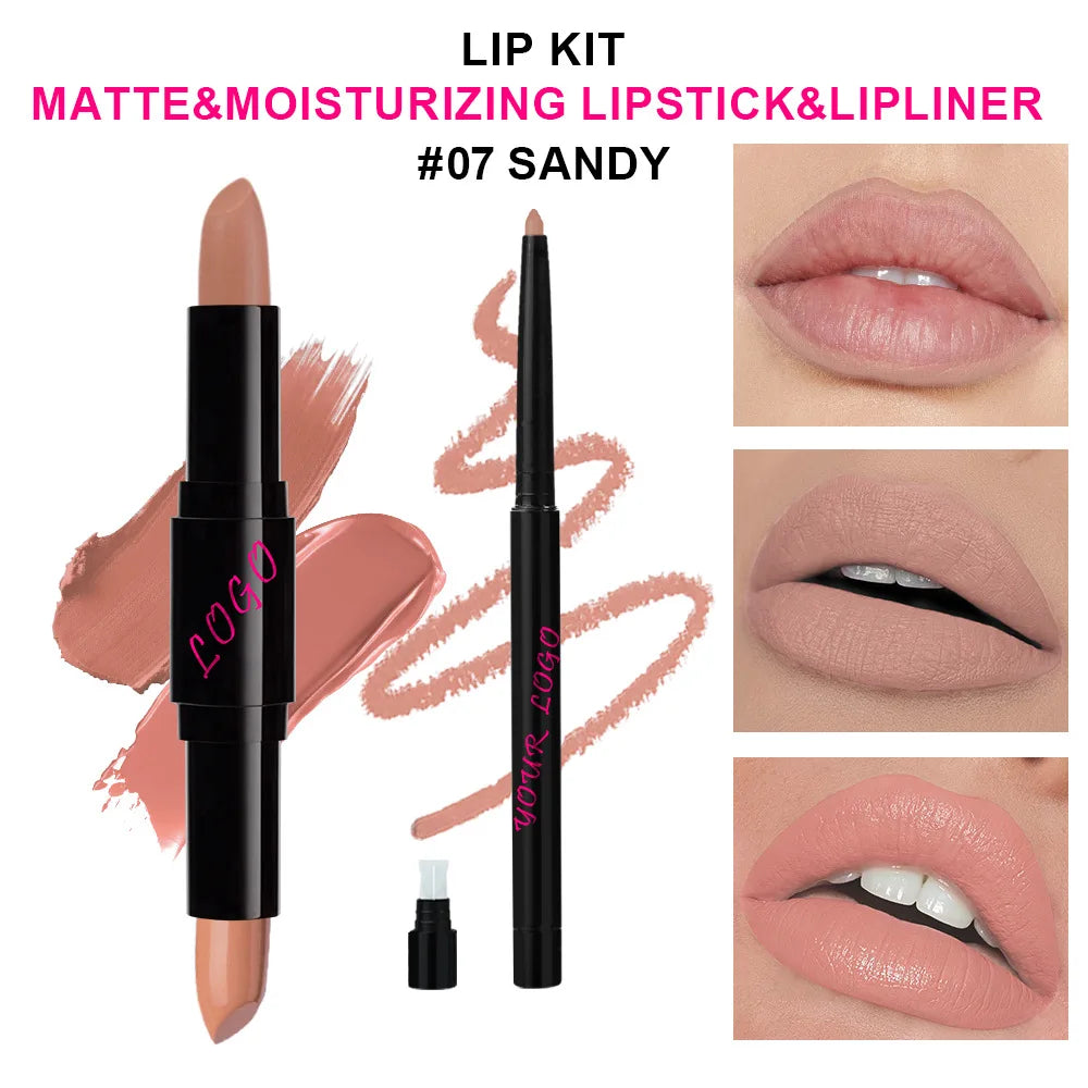 Lipstick with Lip Liner 2-1 Vegan Dual End Two Sides Matte Lipsticks Moist Combined Cosmetic Set