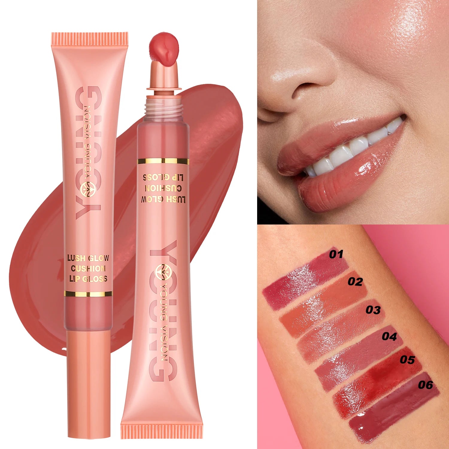 YOUNG VISION 6 color Liquid Water Brightening Lip Color Plush Brush Head Squeezing Lip Color Moisturizing Lip Glaze