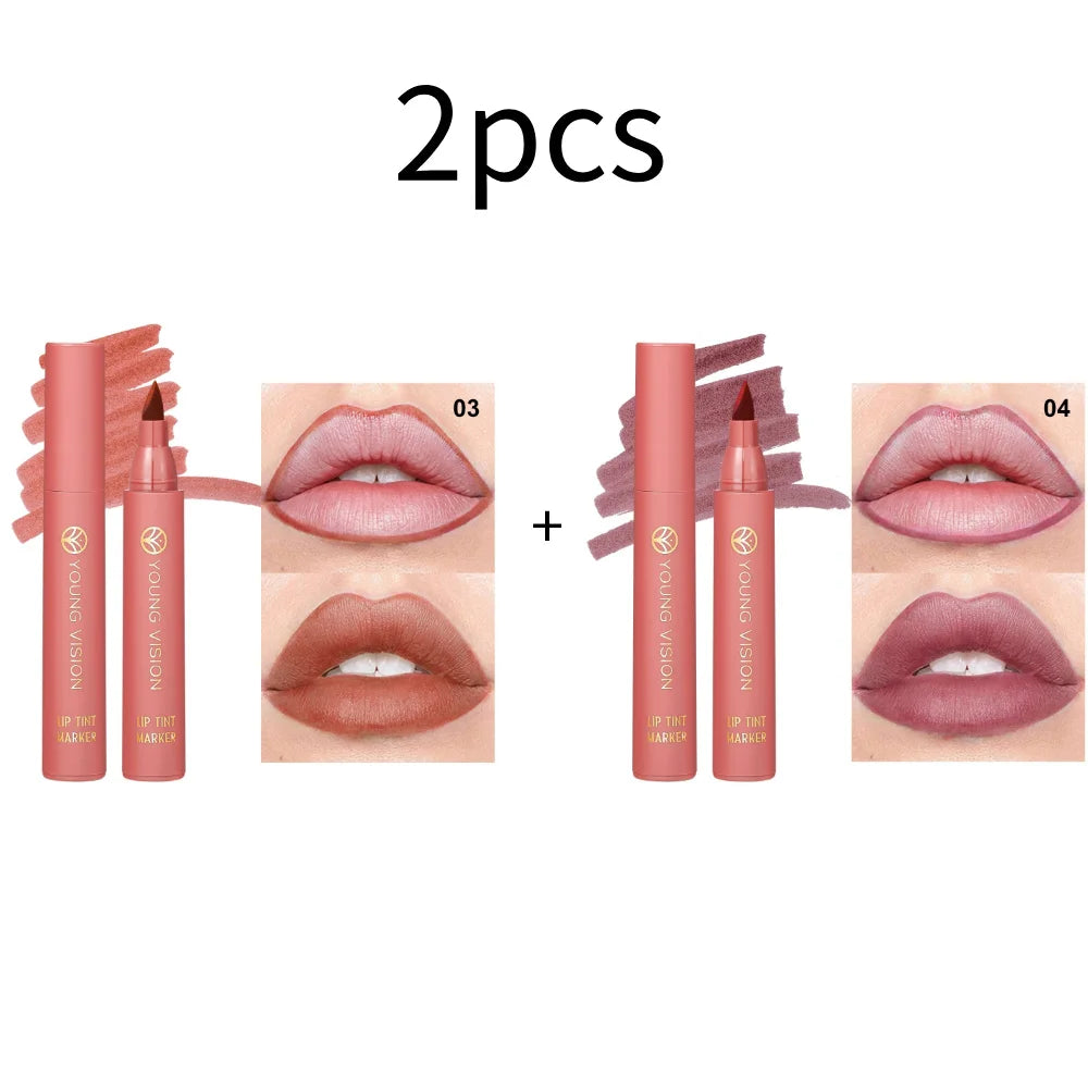 Lip Tint Pen, 6 Colors Available, Matte Water Lipstick, Non-Stick Cup, Long-Lasting, Smooth Lip Liner and Lip Stain Combo