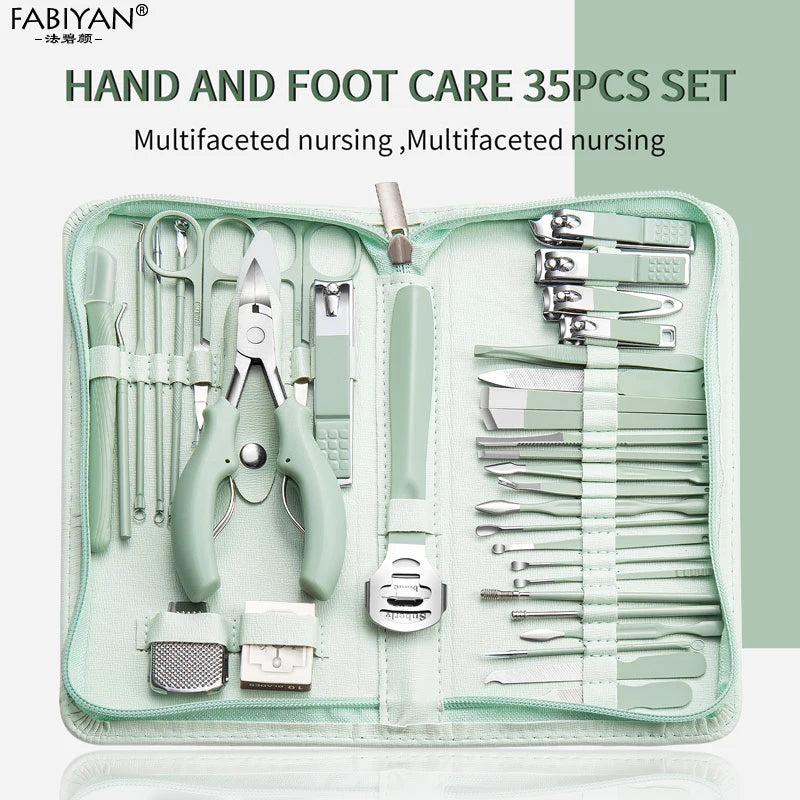 Green 7-22Pcs Nail Art Cutter Pedicure Scissors Nail Clipper Tool Set Manicure Pedicure Dead Skin Remover With Case