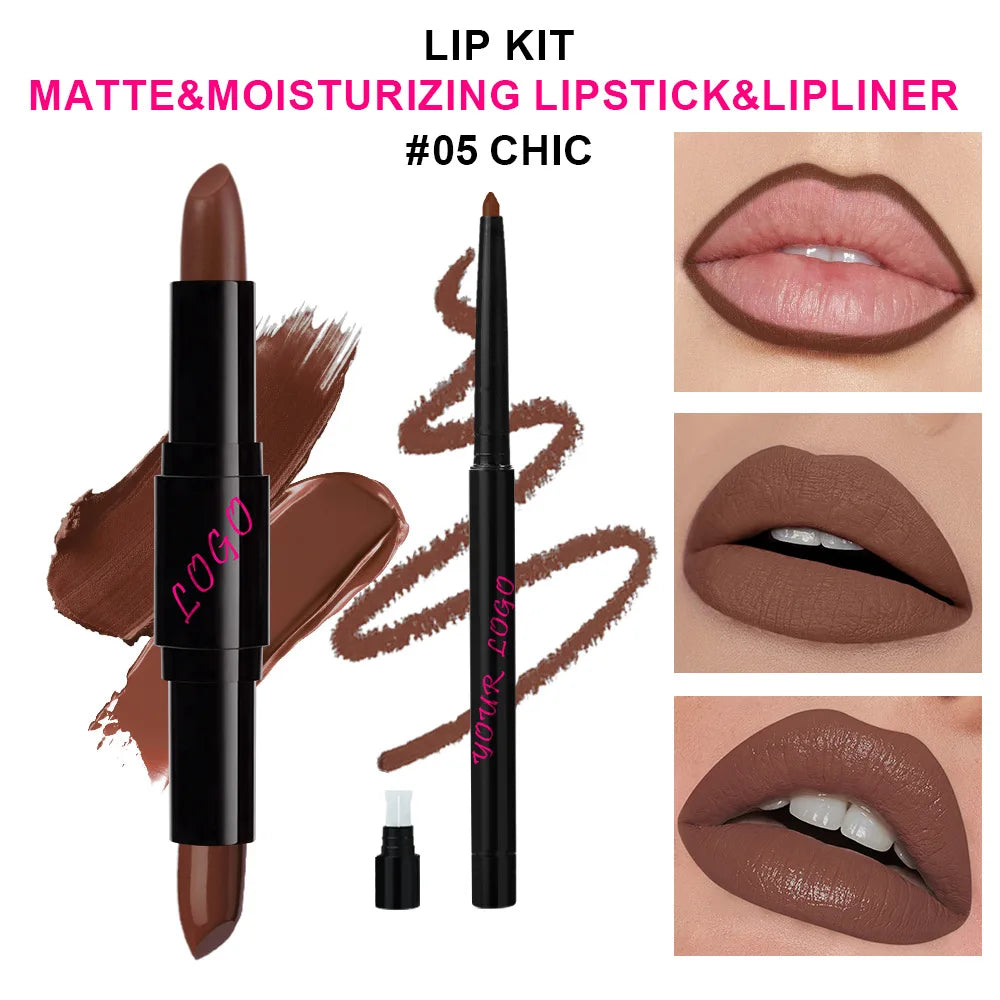 Lipstick with Lip Liner 2-1 Vegan Dual End Two Sides Matte Lipsticks Moist Combined Cosmetic Set