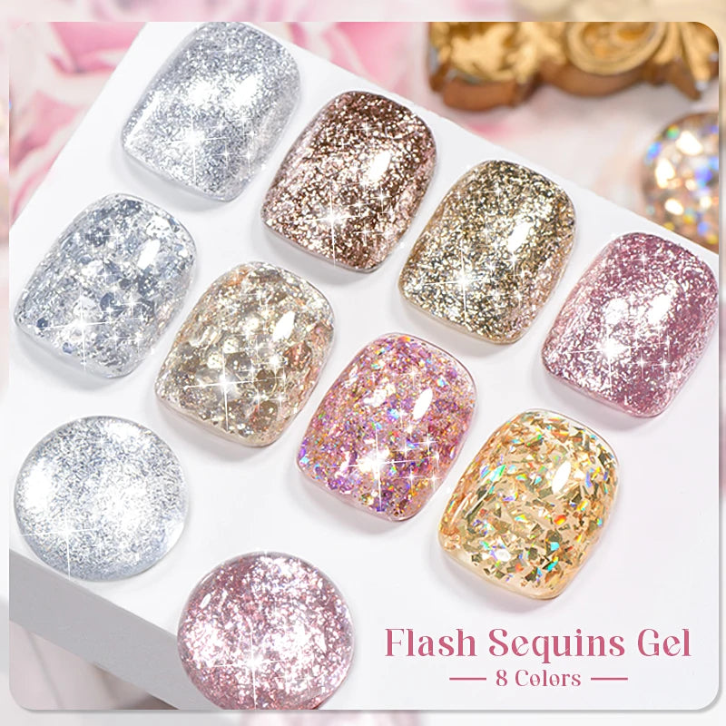 MEET ACROSS 8ml Pink Glitter Sequins Gel Nail Polish Shiny Sparkling Platinum Semi Permanant Soak Off Nail Art Varnish Manicure