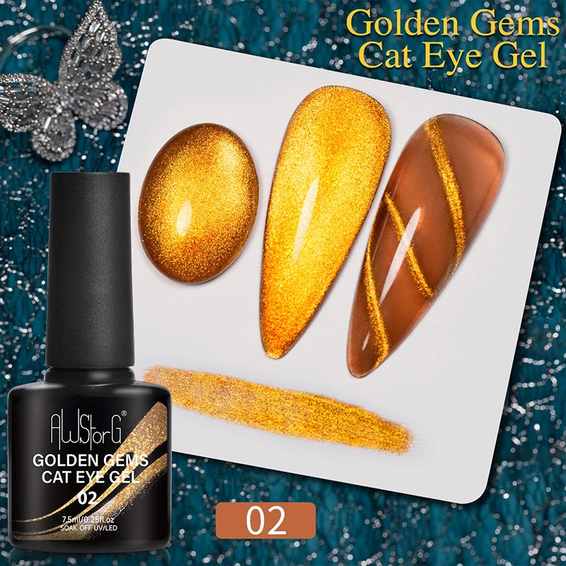 AWStorG 7.5ML Golden Gradient Cat Eye Magnetic Gel Sparkling Glitter Nail Polish Semi Permanent UV Nail Art No Need Base Color