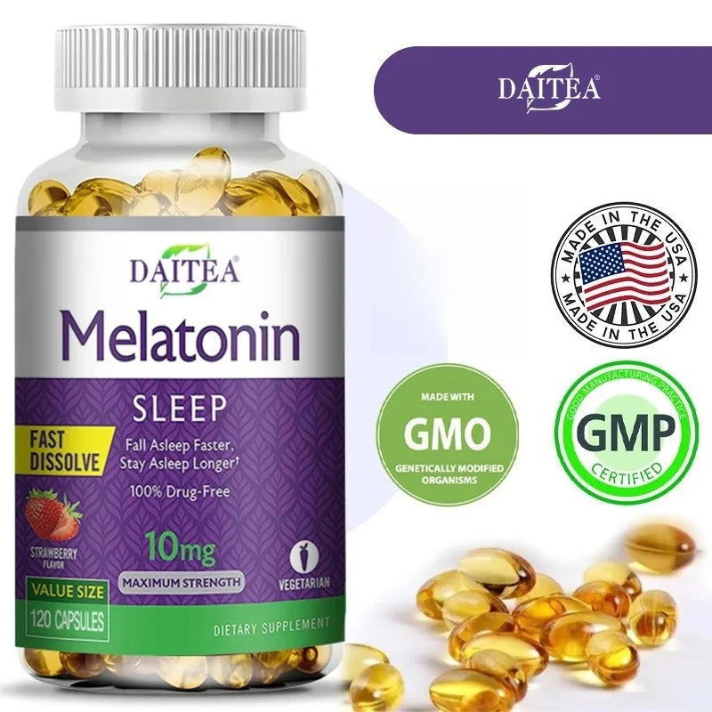 Daitea Melatonin 10mg, Sleep Dietary Supplement, 120 Strawberry Flavored Capsules, Contains Melatonin - Healthy Sleep