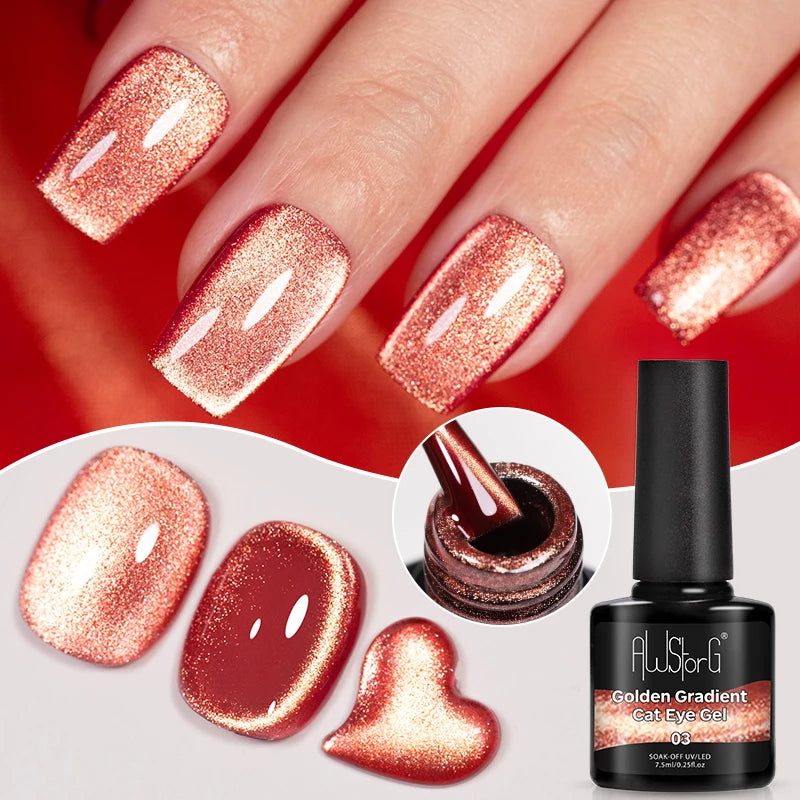 AWStorG 7.5ML Golden Gradient Cat Eye Magnetic Gel Sparkling Glitter Nail Polish Semi Permanent UV Nail Art No Need Base Color