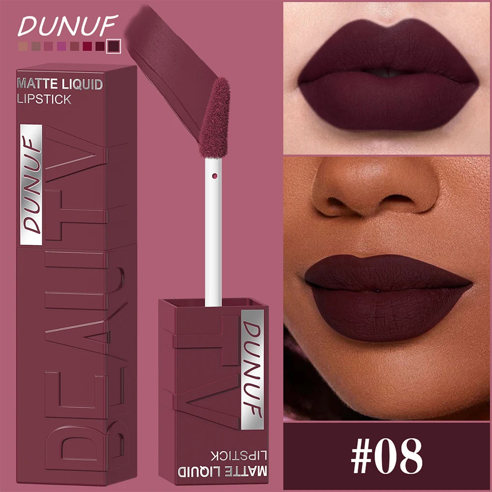 DUNUF 8-color matte velvet smooth easy-to-apply square tube lip gloss waterproof three-dimensional plumping lipstick