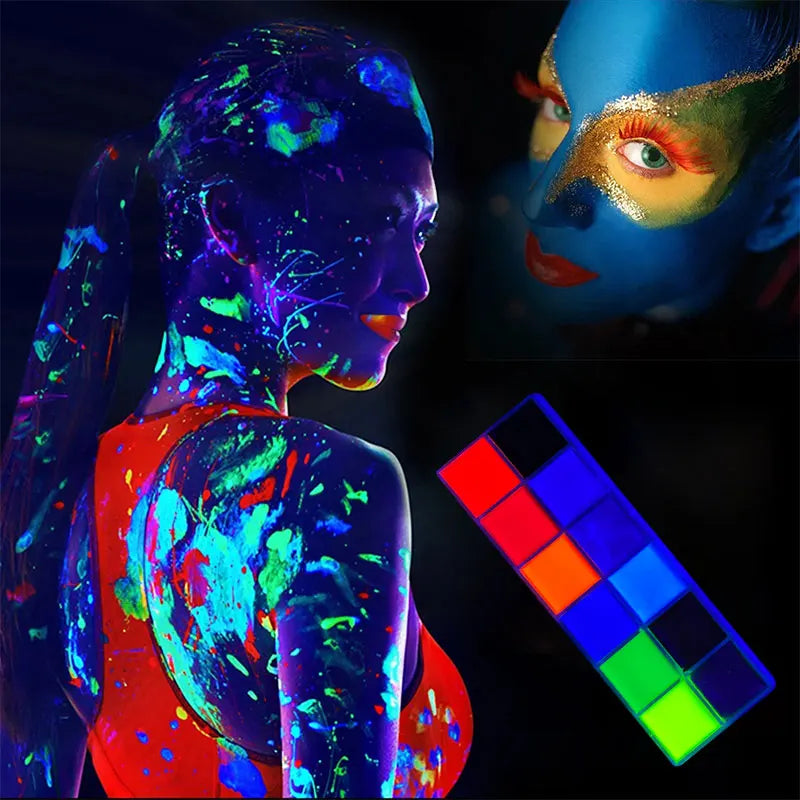 12 Cores UV Glow Paint Fluorescent Neon Oil Face Body Cosmetic Palette for Halloween Party Paint Fancy Dress Kid Cosplay Makeup