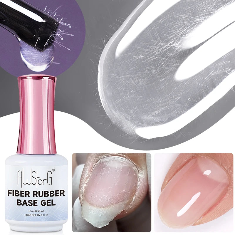 AWStorG Fiber Rubber Base Gel For Nails UV Gel Polish Semi Permanent Repair Fix Crack Nail Rubber Base Gel Strengthener 15ml