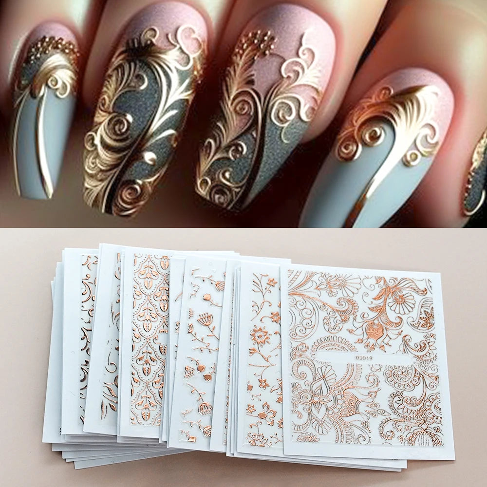 30 Sheets Gold Metallic Flowers Vine Nail Art Decals 3D Lace Flower Nail Sticker Self-Adhesive Nail Art Decoration 5.5*6.5cm