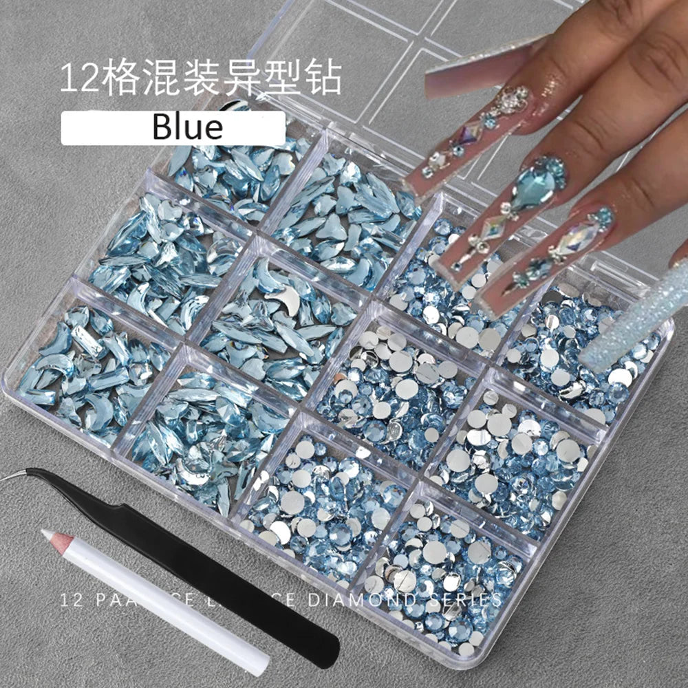12Grids(400-500pc) 3D White Flat-Back Nail Art Rhinestones Irregular Resin Gems Nail Jewels for Face Eye Makeup Nail Decorations