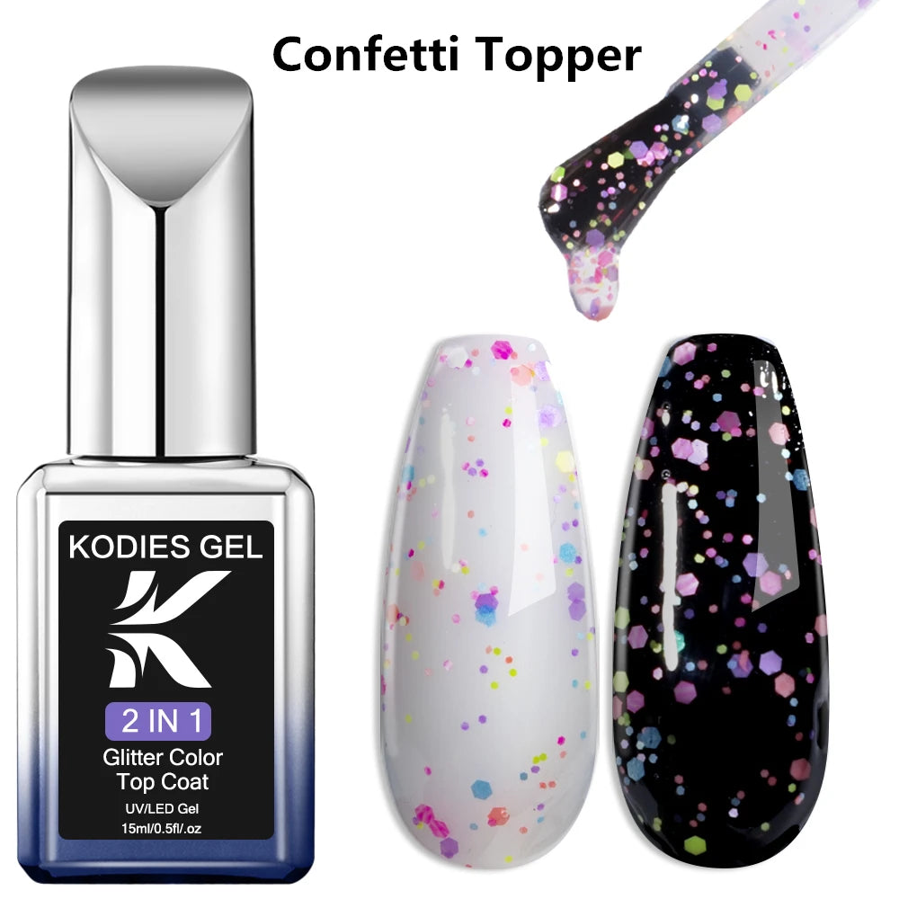 KODIES GEL Diamond Top Coat for Nail Varnish 15ML Super Shine UV Gel Nail Polish Soak Off Semi Permanent Glitter Topcoat No Wipe