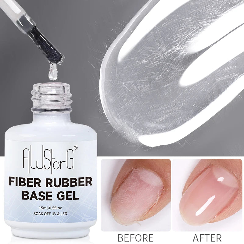 AWStorG Fiber Rubber Base Gel For Nails UV Gel Polish Semi Permanent Repair Fix Crack Nail Rubber Base Gel Strengthener 15ml