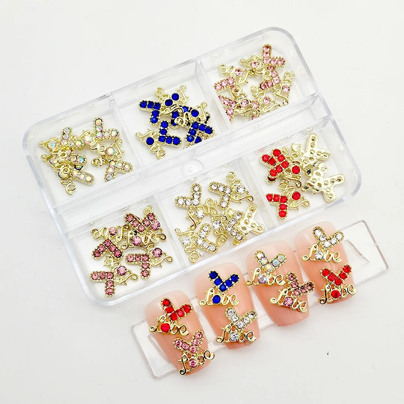 30Pcs Pink Nail Charms Alloy Rhinestones 3D Star Butterfly Heart Cross Gem Nails Crystal Diamond Nail Art Decoration Accessories