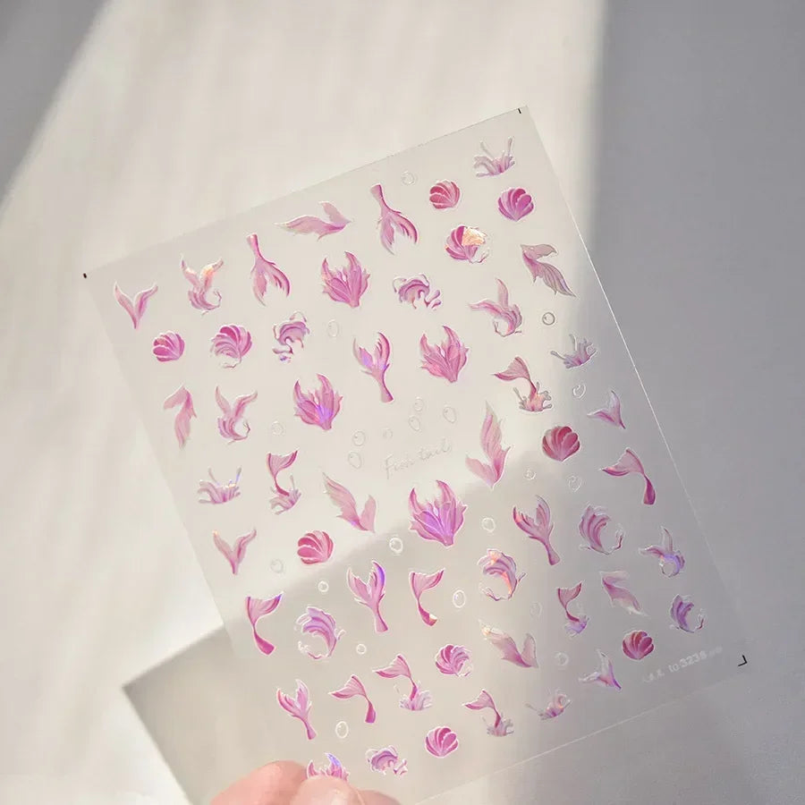 Goldfish Cavort Water Grass Lotus Flower Leaf Brocaded Carp Koi Ripple Droplet Water Bubbles 5D Nail Art Stickers Manicure Decal