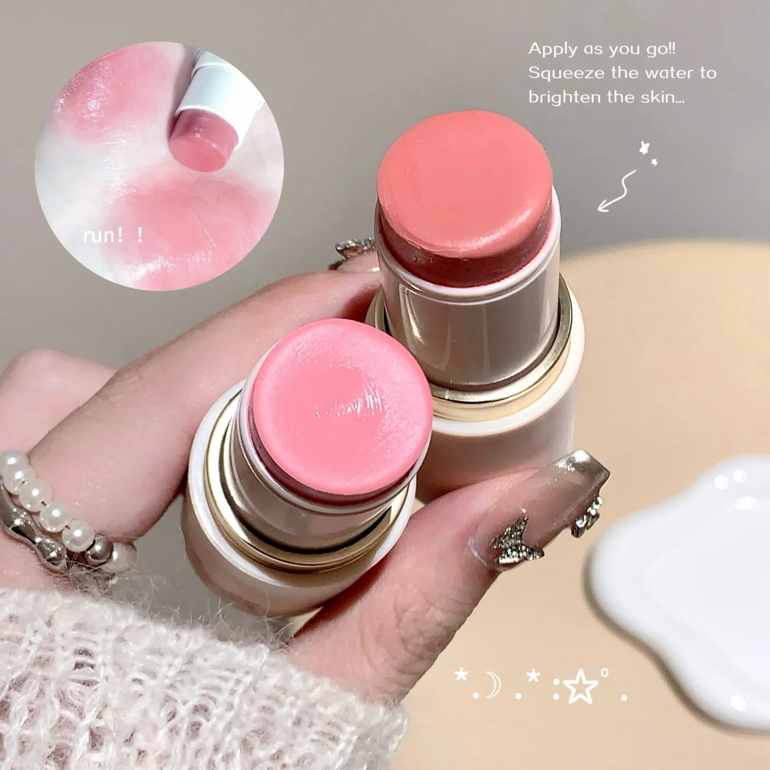 SHAQINUO Cream Blush Stick - Watery Glow, Long-Lasting, Natural Tint, Korean-Style Cheek Makeup for Fresh Look