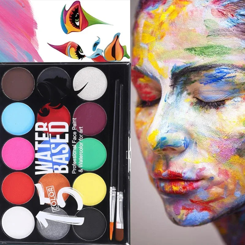 15 Colors Non-Toxic Face Painting Kit with Brush And Decals for Kids - Watercolor Body Makeup for Christmas Halloween Carnival