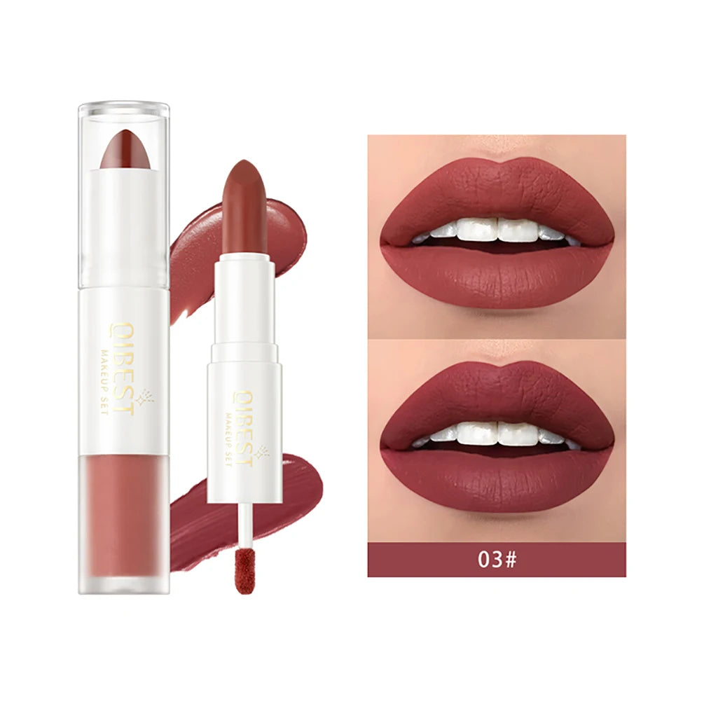 QIBEST 10 Colors 2 in 1 Matte Lipstick Lip Gloss Cosmetics Waterproof Double Head Red Purple Lipstick Long Lasting Lips Makeup