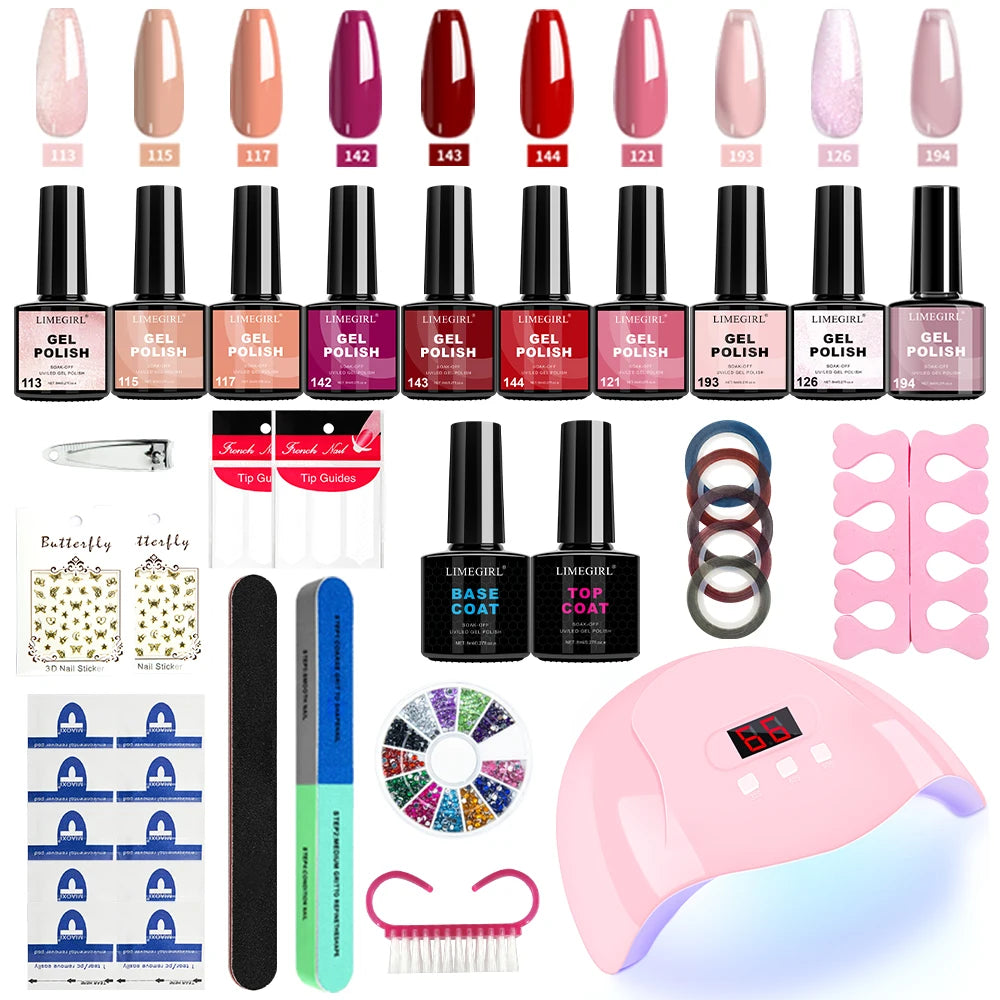 LIMEGIRL 8ml Gel Nail Polish Kit UV Soaking Gel Primer Polish Manicure Kit with UV LED Lamp Dryer Semi-Permanent Gel Varnish Kit