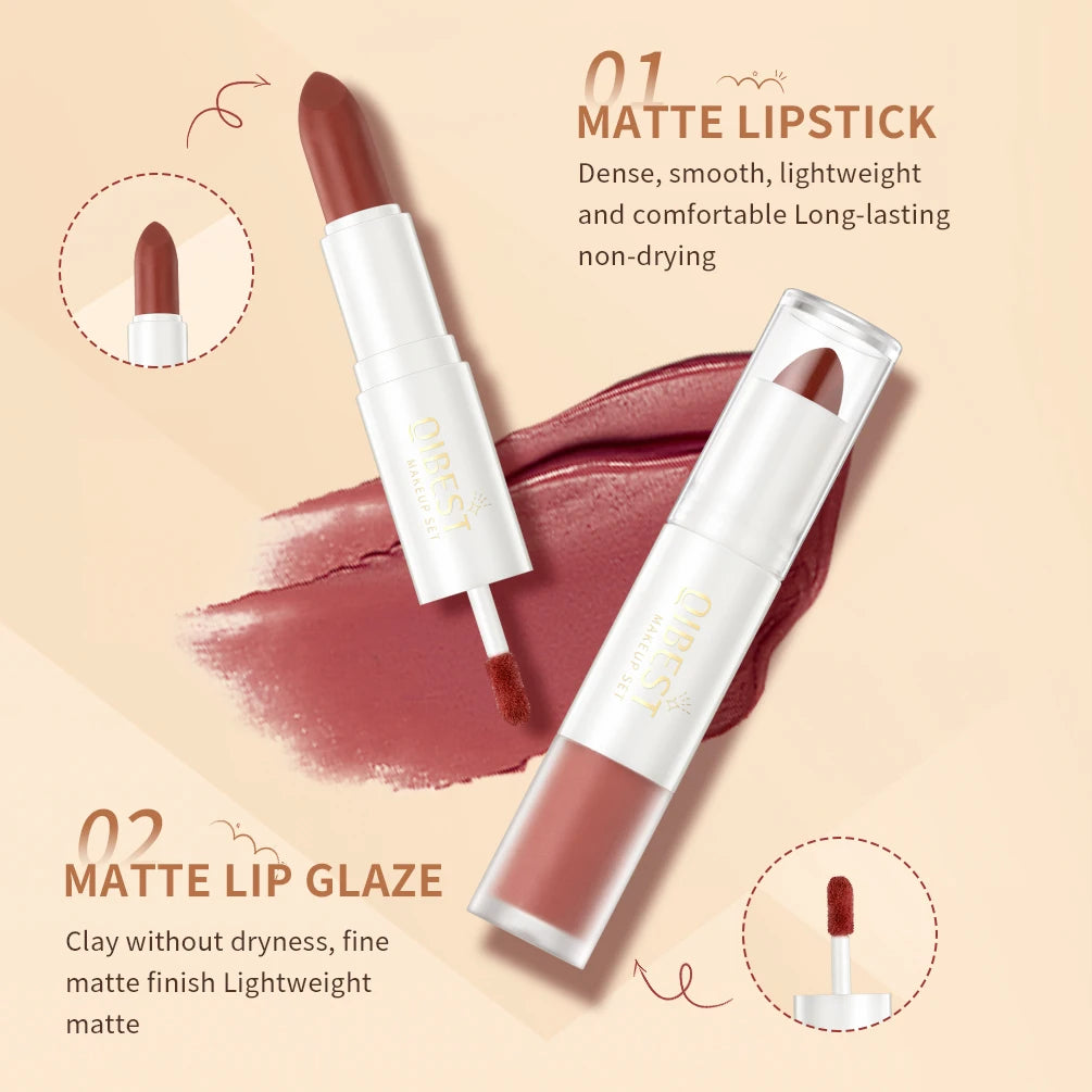 QIBEST 10 Colors 2 in 1 Matte Lipstick Lip Gloss Cosmetics Waterproof Double Head Red Purple Lipstick Long Lasting Lips Makeup