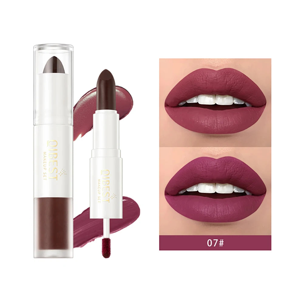 QIBEST 10 Colors 2 in 1 Matte Lipstick Lip Gloss Cosmetics Waterproof Double Head Red Purple Lipstick Long Lasting Lips Makeup