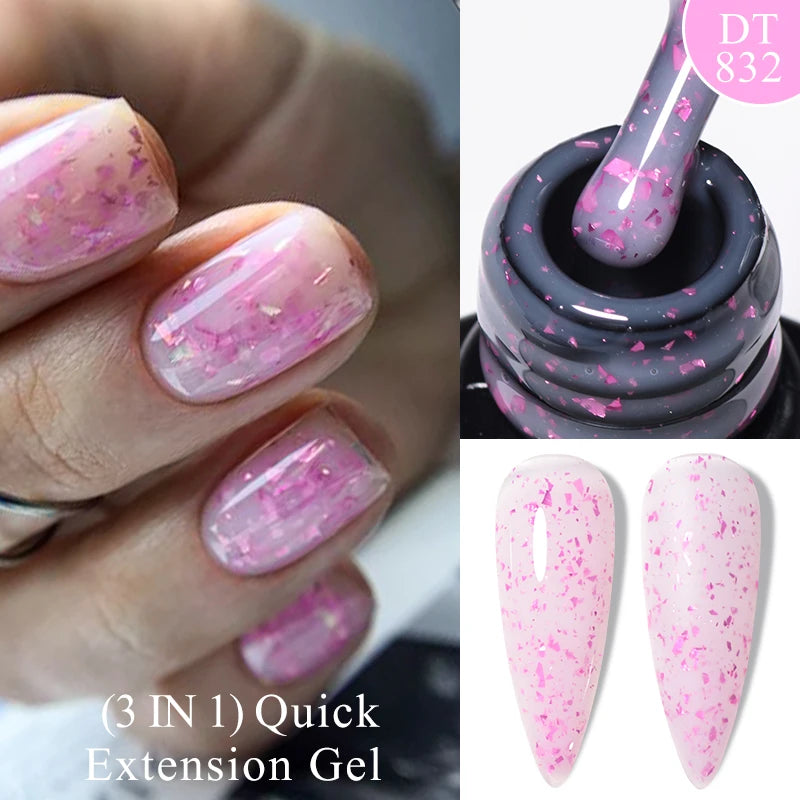 MEET ACROSS 7ml Gold Foil 3 In 1Quick Extension Gel Nail Polish Nude Pink Gold Milky White Glitter UV Gel Finger Prolong Varnish