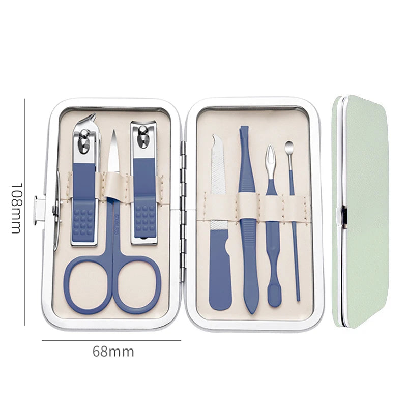 7pcs Manicure Set Pedicure Sets Nail Clippers Tools Stainless Steel Professional Nail Scissors Cutter Travel Case Kit 7in1