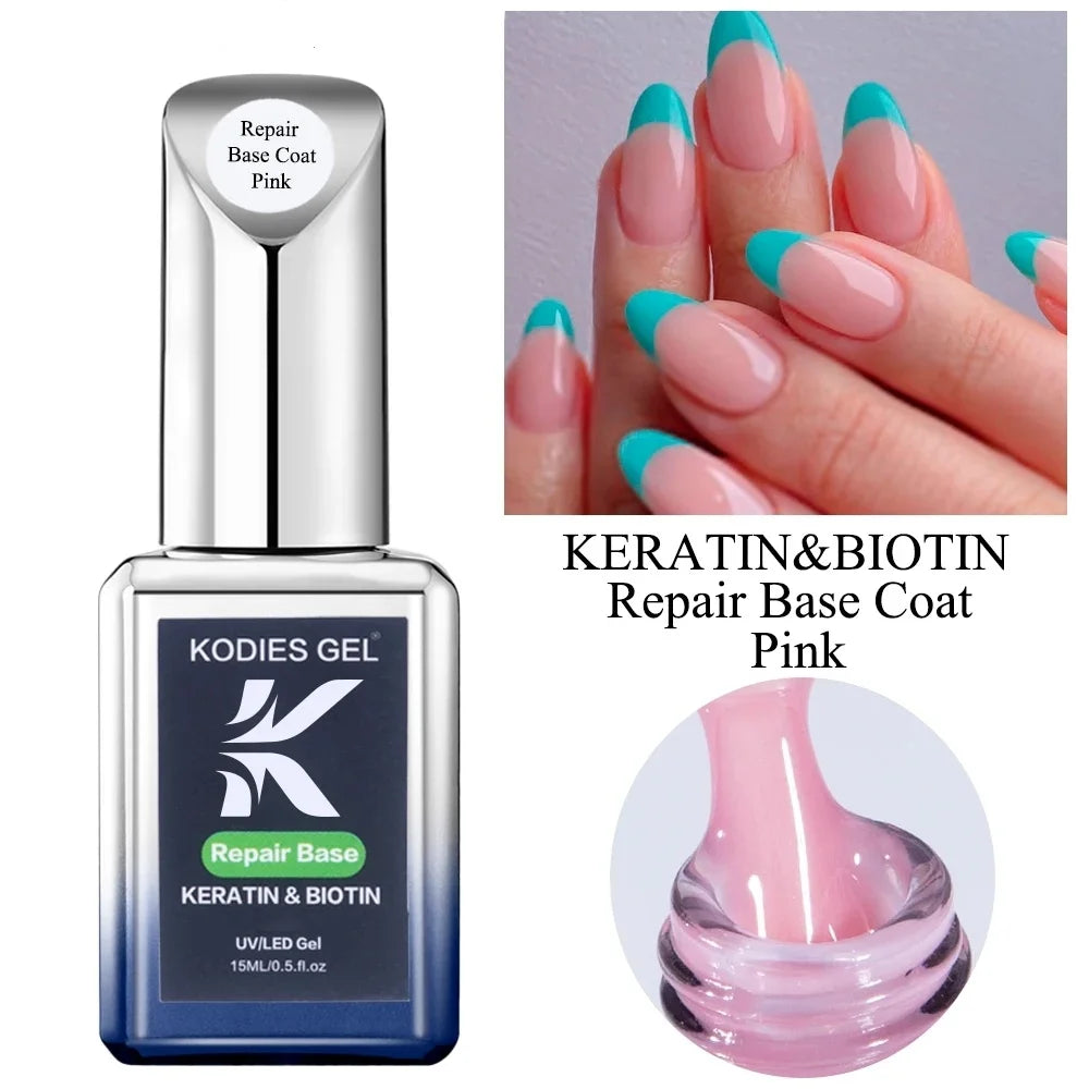 KODIES GEL Keratin Rubber Base Coat 15ML Nail Strengthener Gel Nail Polish Semi permanent UV Durable Base Varnish Protects Nails
