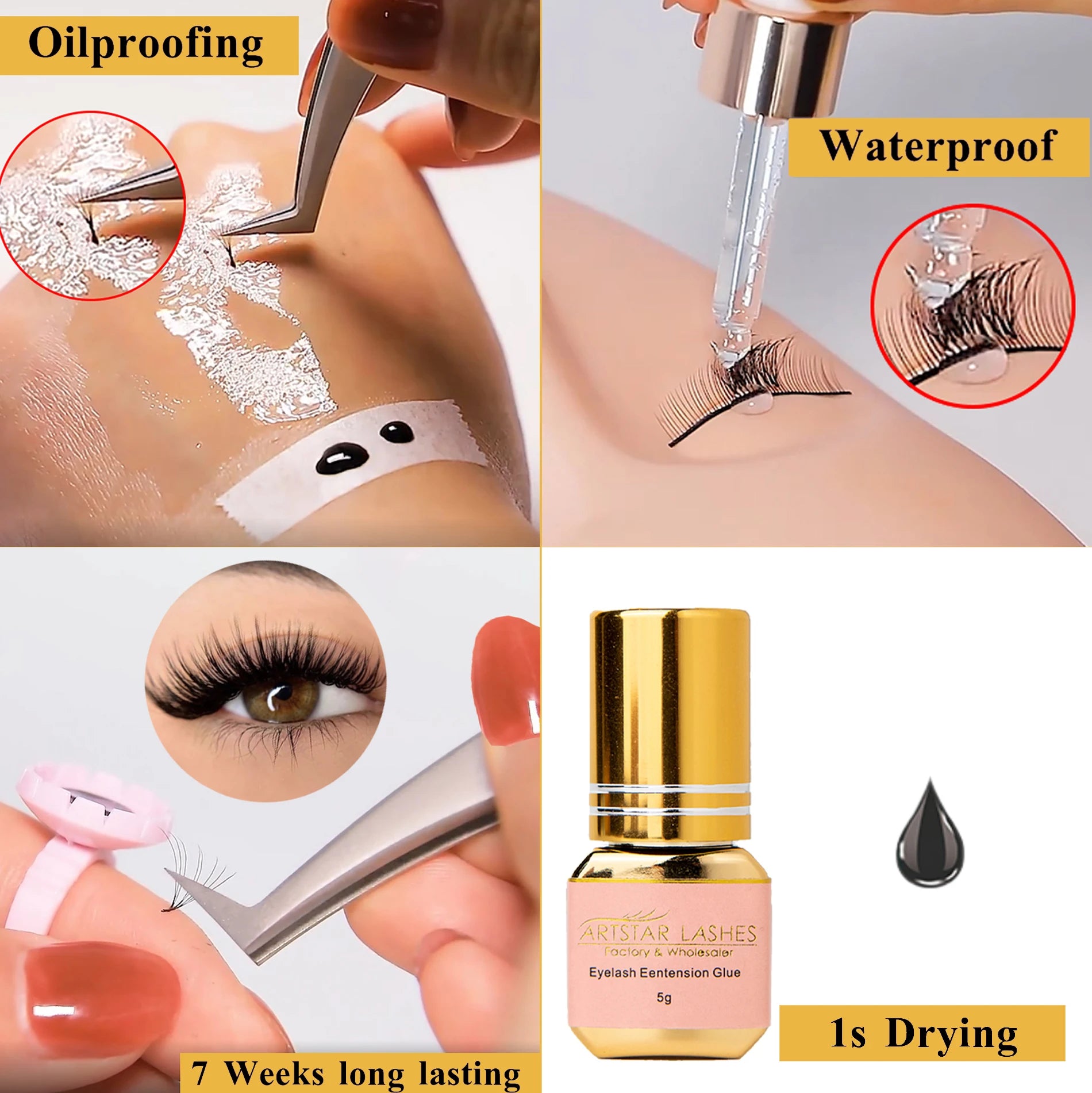 ARTSTAR Lash Glue Long Lasting Waterproof and Oilproof 0.5S Fast Dry Eyelash Extension Glue Black/transparent/Pink Colour Glue