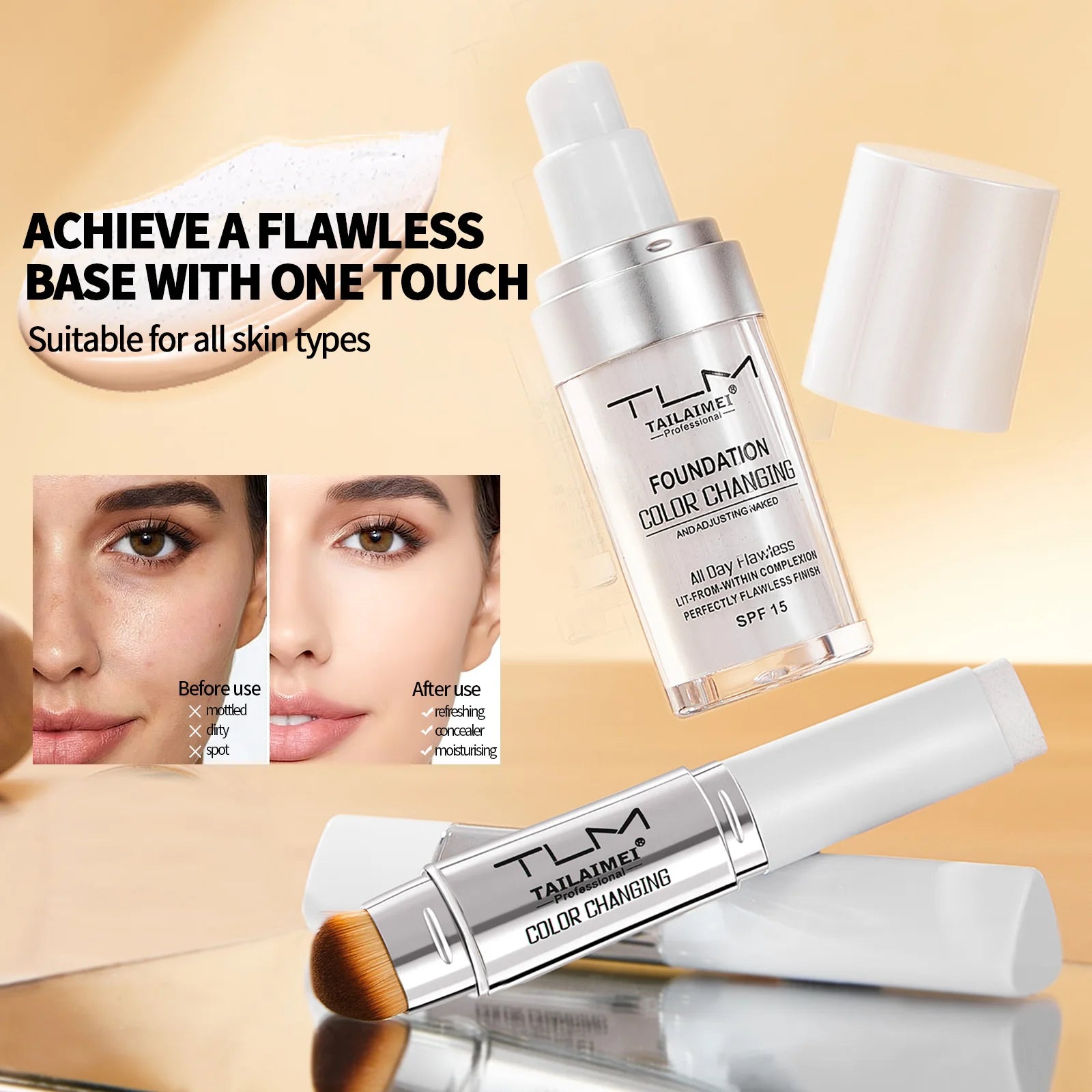 Color Changing Foundation Stick with Spf 15, All Day Flawless, Natural-Looking Complexion, Long-Lasting Wear