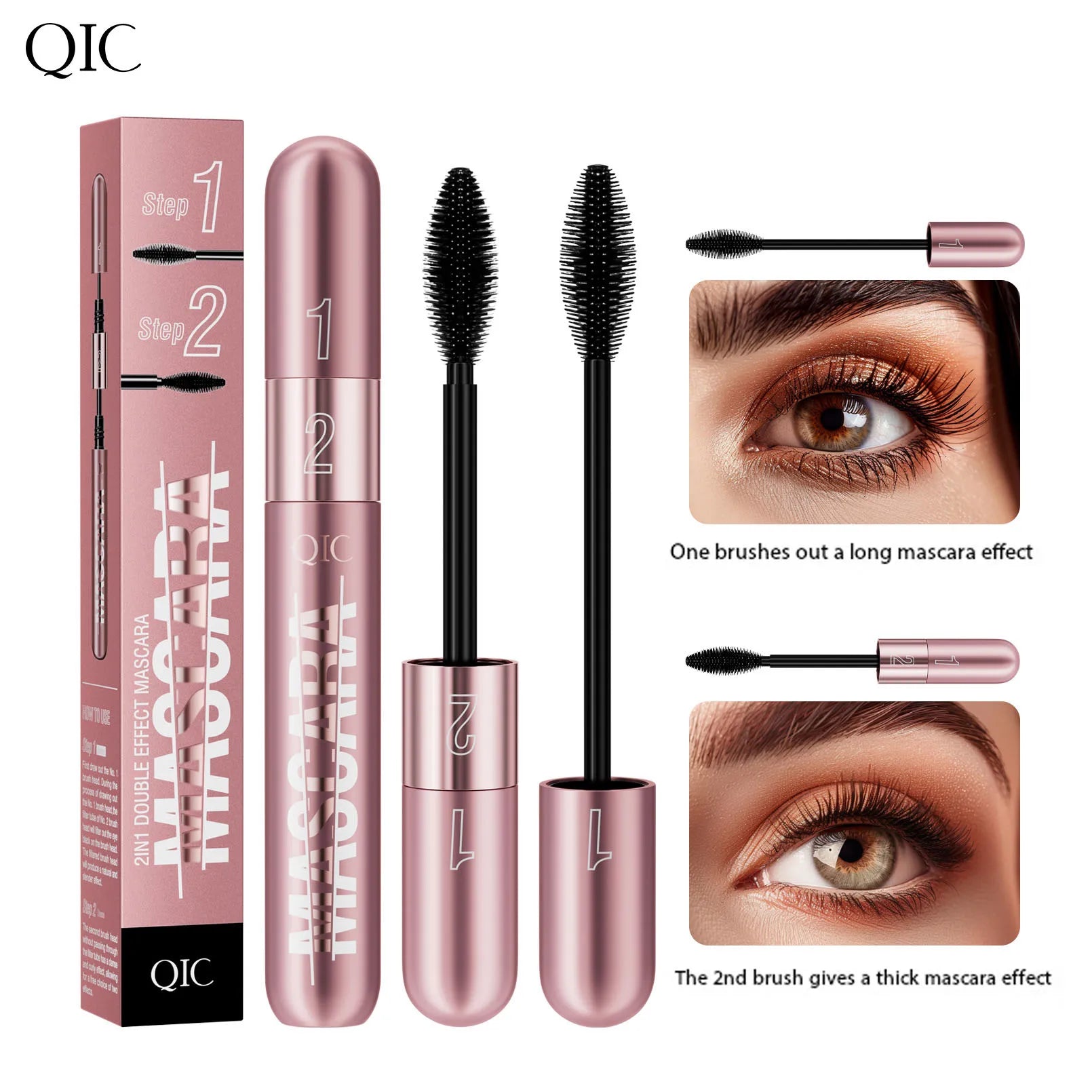 QIC new rose gold double-effect mascara, dense and slender two-in-one waterproof and non-smudging curled mascara.