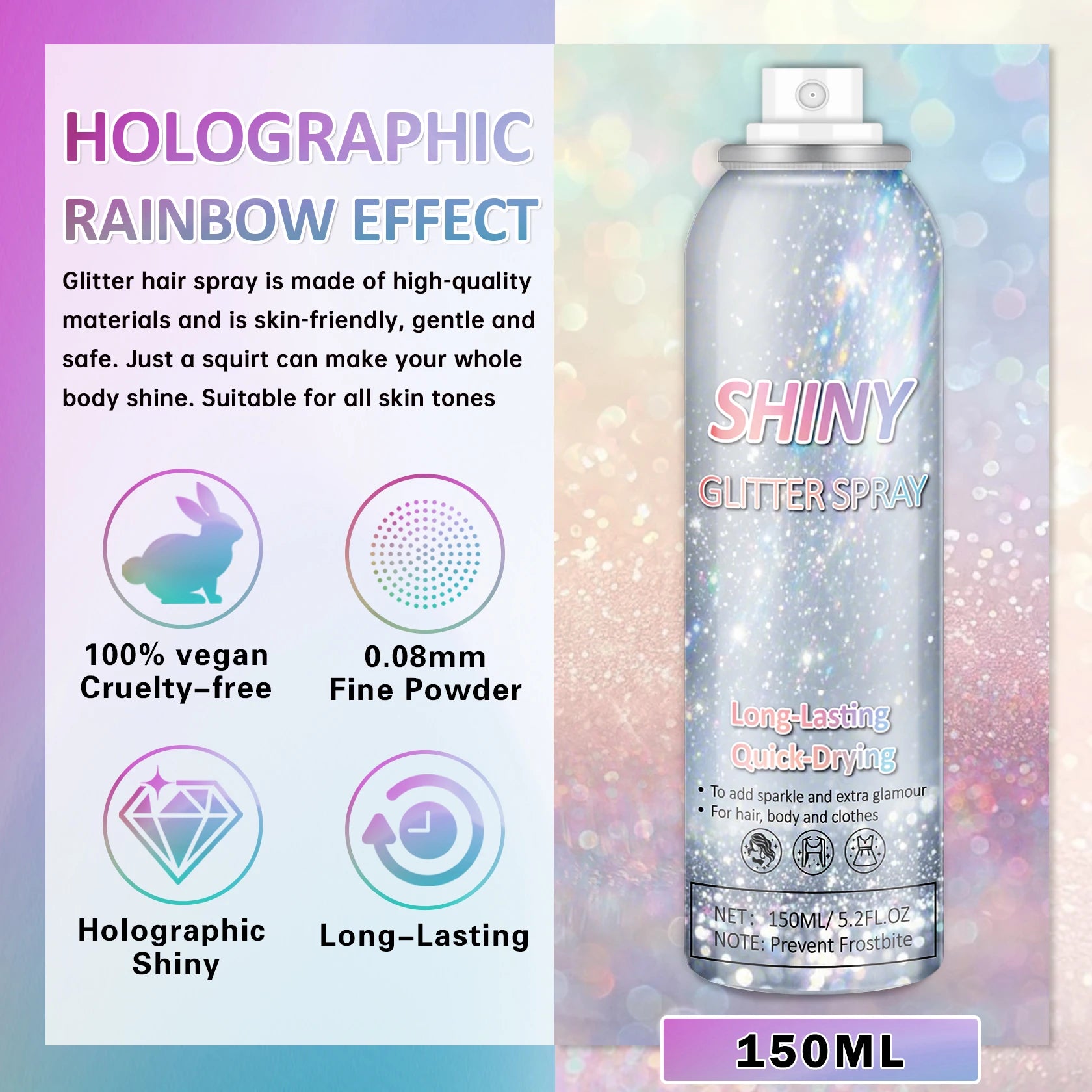 2025 Hot Sale Holographic Rainbow Silver Glitter Spray for Hair Body Quick-Drying Long Lasting Glitter Christmas Decorations