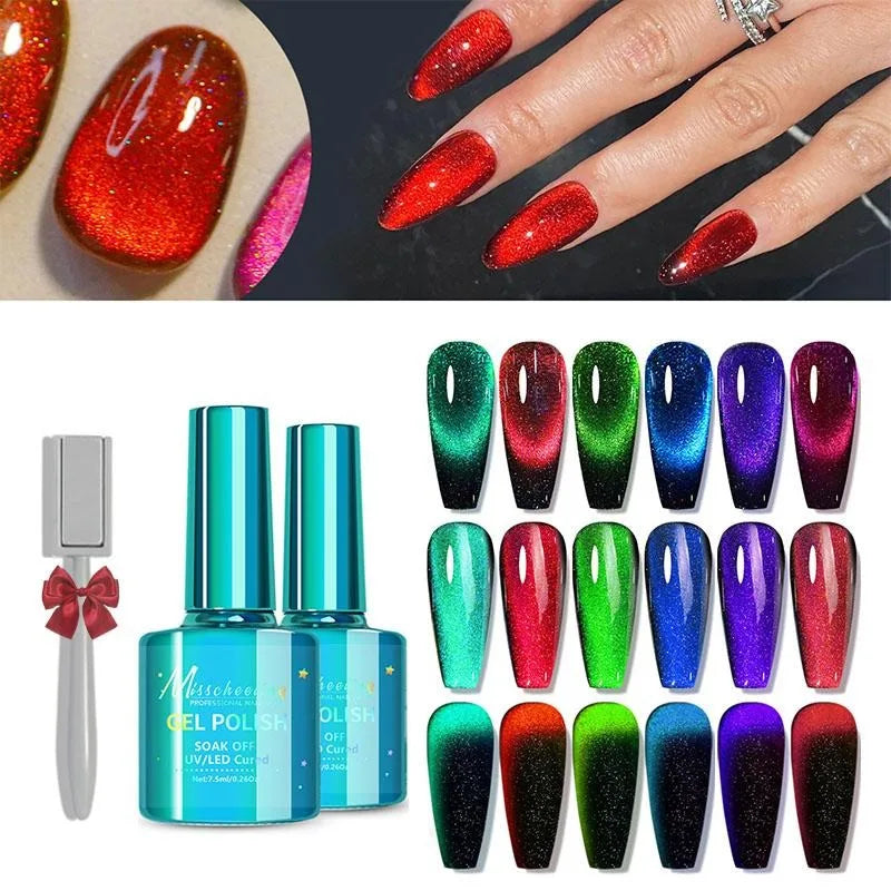 Cat Eye Gel Nail Polish 6 Colors Holographic Glitter Gel Polish Set With Magnet Translucent Gel Nail Polish Home Manicure Salon