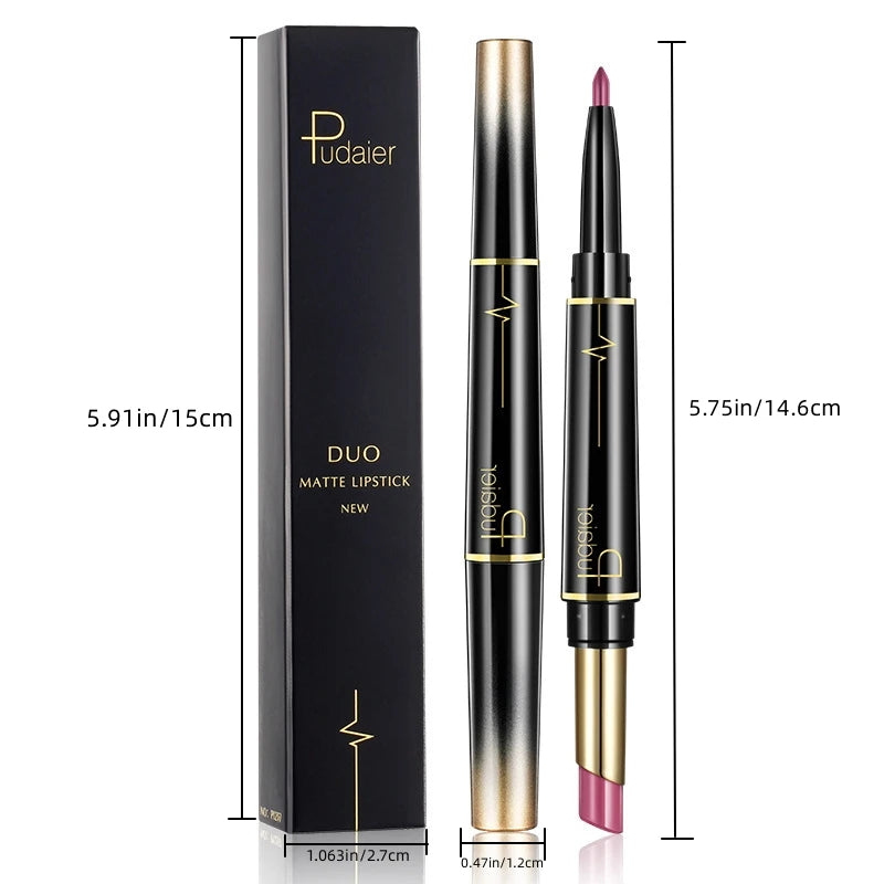 2 in 1 Lipstick and Lip Liner Pen, Matte Waterproof Long Lasting Lip Makeup Tool, Non-Fading Smooth Velvet Finish